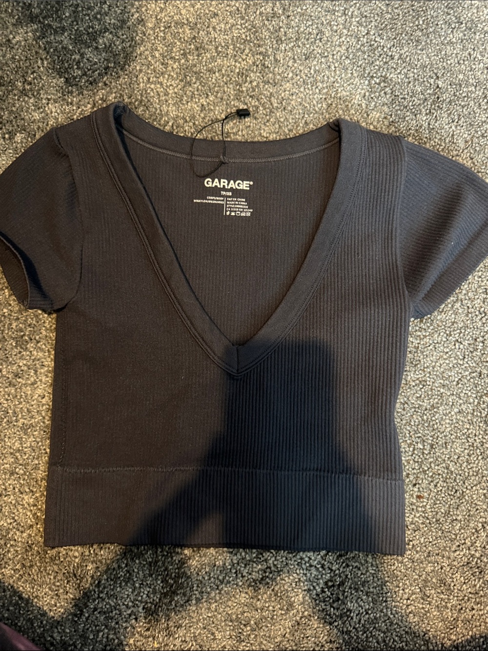 Garage Grey Ribbed V-Neck Short Sleeve Crop Top